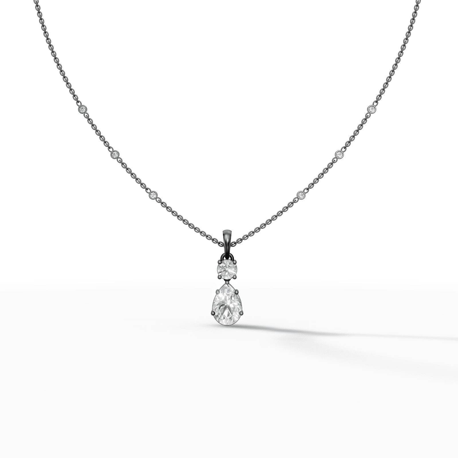 Two-Stone Round and Pear Diamond Teardrop Pendant — gallery view