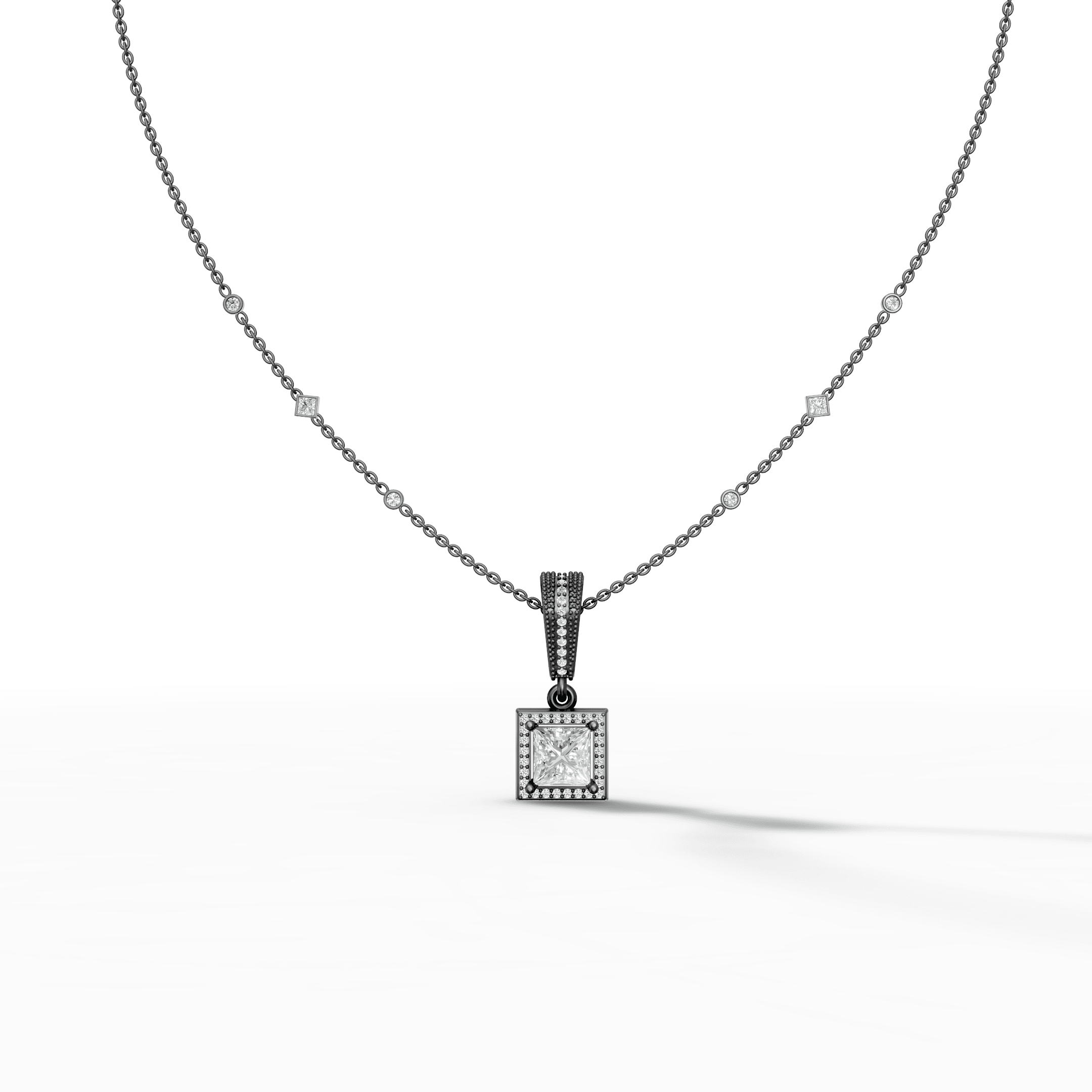 Emerald-Cut Diamond Halo Pendant with Pavé Bail — gallery view