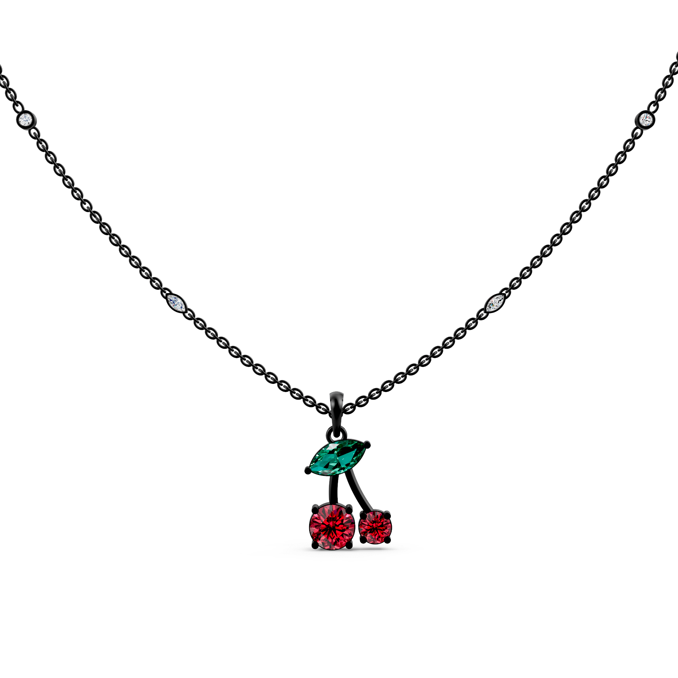 Ruby Cherries Gemstone Pendant with Emerald Leaf