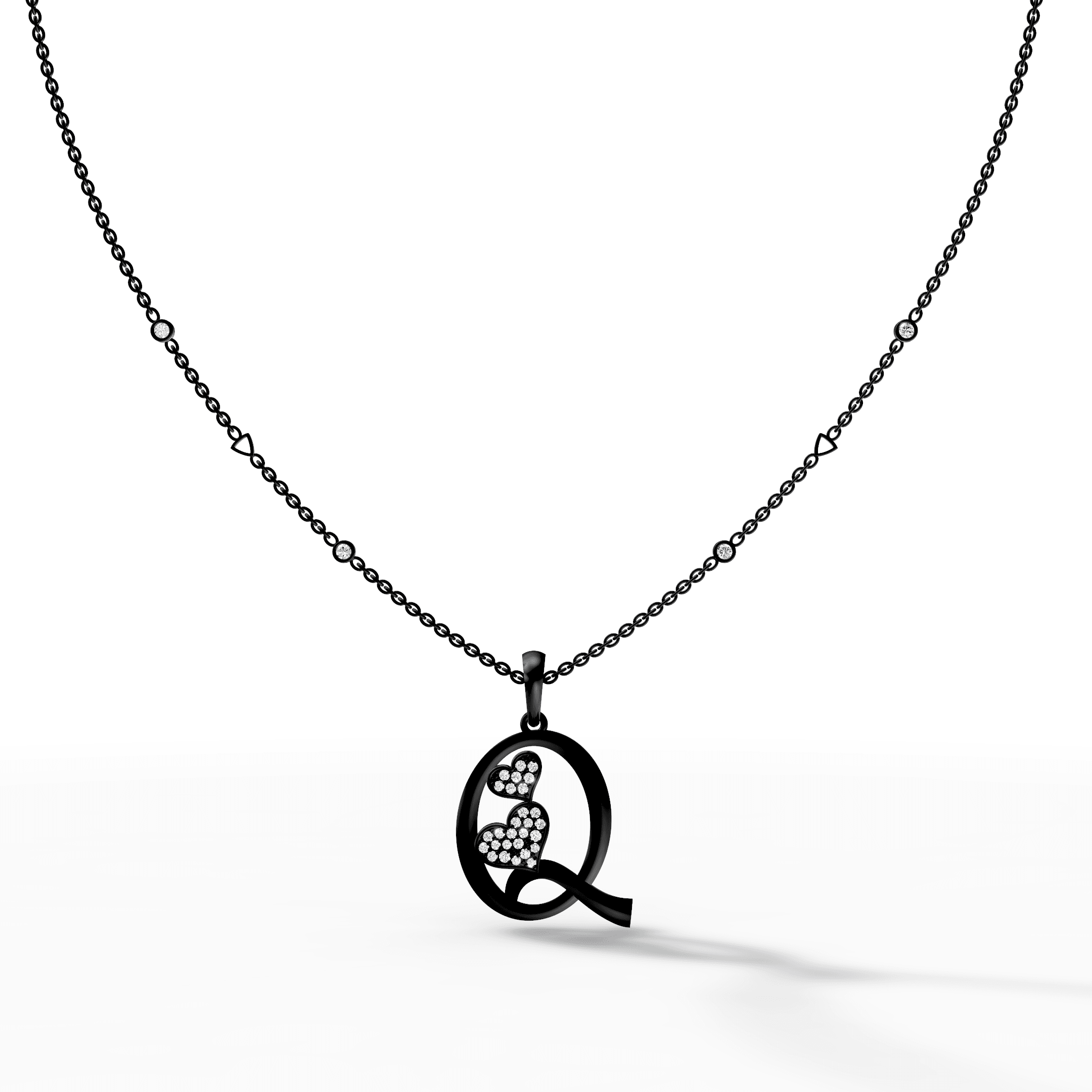 Letter Q Double Heart Pavé Diamond Pendant