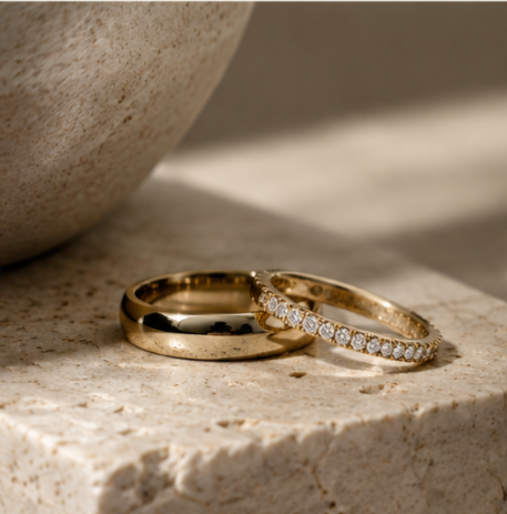Engagement ring paired with a wedding band